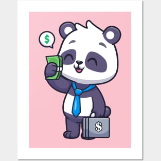 Cute Panda Business Holding Money And Suitcase Cartoon Posters and Art